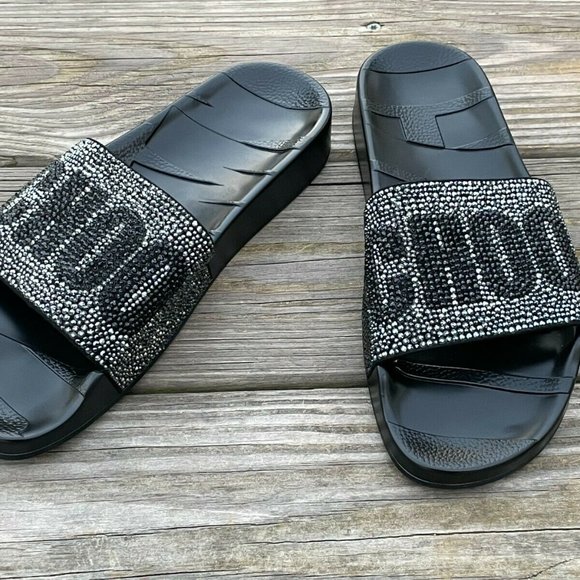 Jimmy Choo Slide Sandal Logo Crystal-Studded Rubber upper Flat Platform Italy 39 - Picture 4 of 12